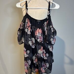 Torrid Ruffled Flutter Sleeve Black and Pink Top